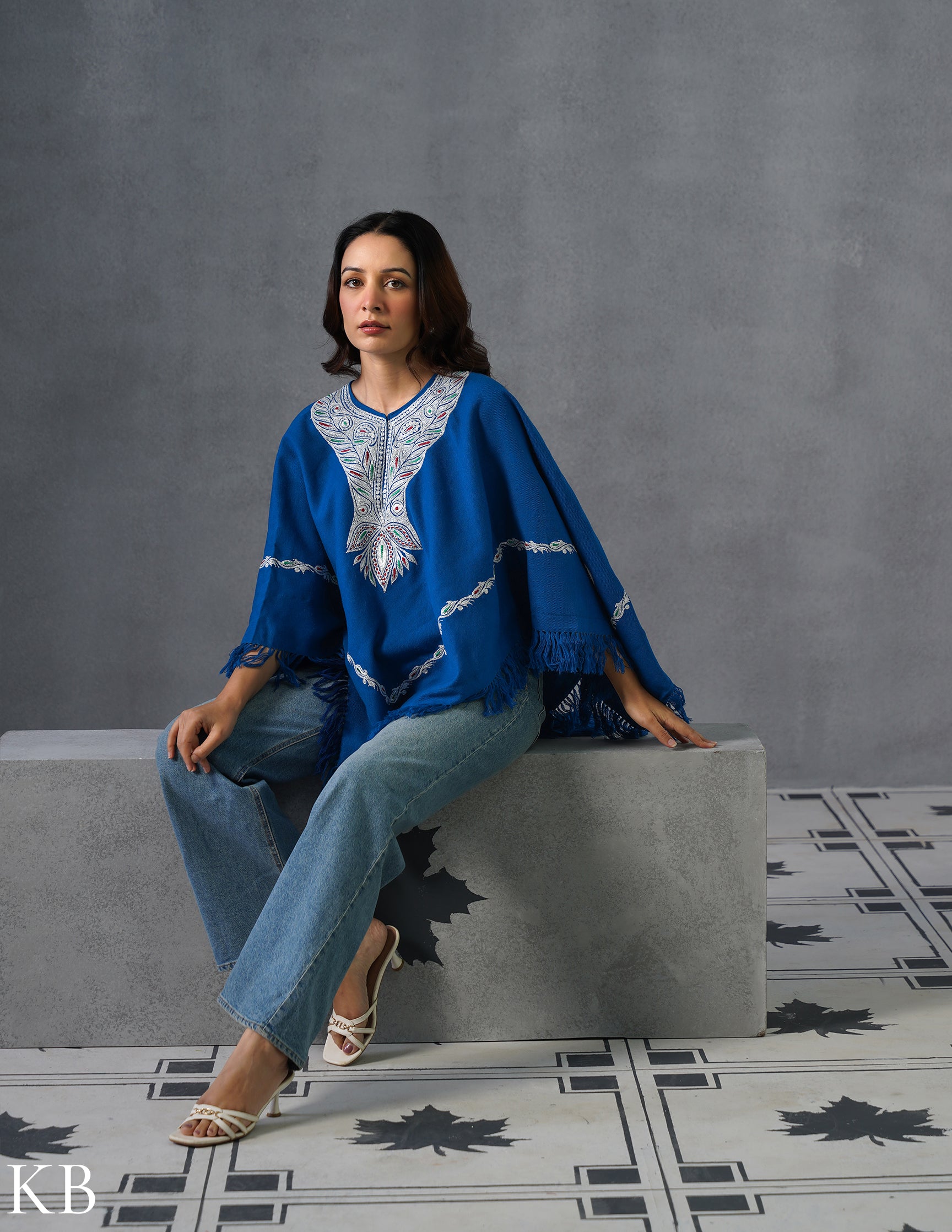 Kashmiri Silver Boti Tilla Embroidered Woollen Poncho – Blue | Handcrafted Heritage