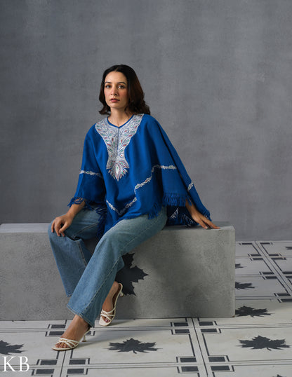 Kashmiri Silver Boti Tilla Embroidered Woollen Poncho – Blue | Handcrafted Heritage