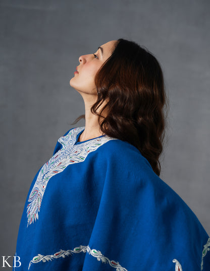 Kashmiri Silver Boti Tilla Embroidered Woollen Poncho – Blue | Handcrafted Heritage