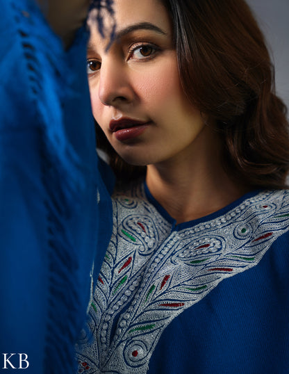Kashmiri Silver Boti Tilla Embroidered Woollen Poncho – Blue | Handcrafted Heritage