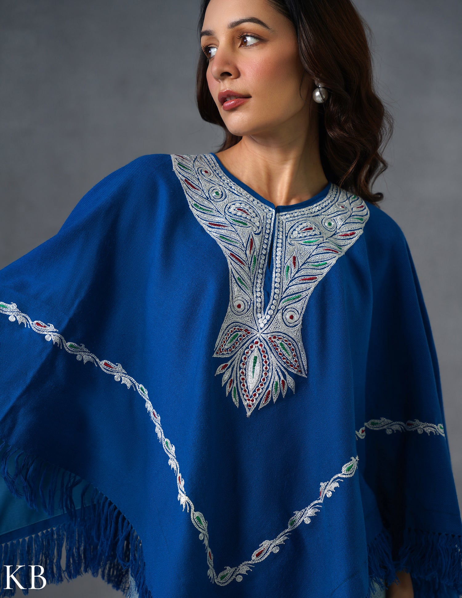 Kashmiri Silver Boti Tilla Embroidered Woollen Poncho – Blue | Handcrafted Heritage
