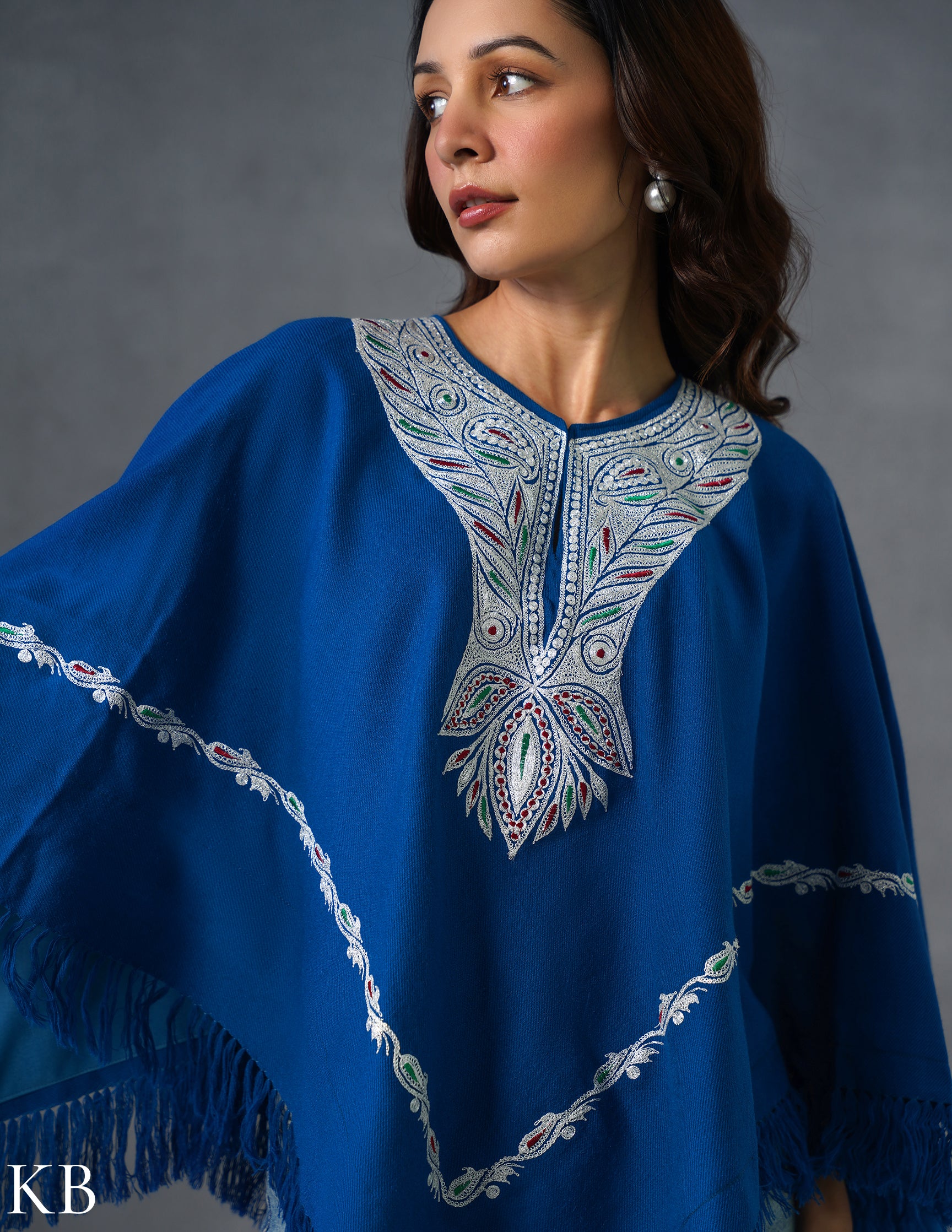 Kashmiri Silver Boti Tilla Embroidered Woollen Poncho – Blue | Handcrafted Heritage