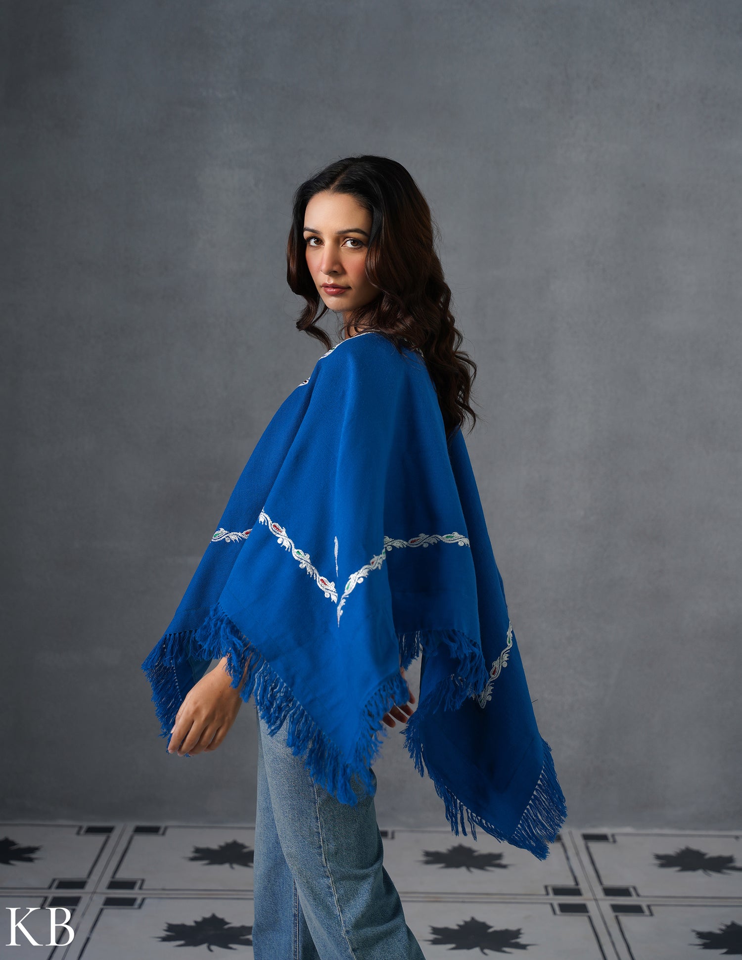 Kashmiri Silver Boti Tilla Embroidered Woollen Poncho – Blue | Handcrafted Heritage