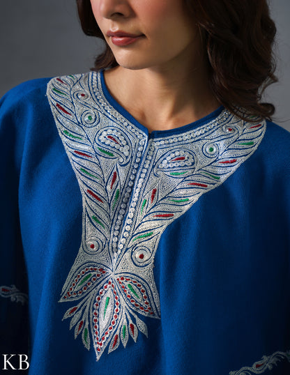 Kashmiri Silver Boti Tilla Embroidered Woollen Poncho – Blue | Handcrafted Heritage