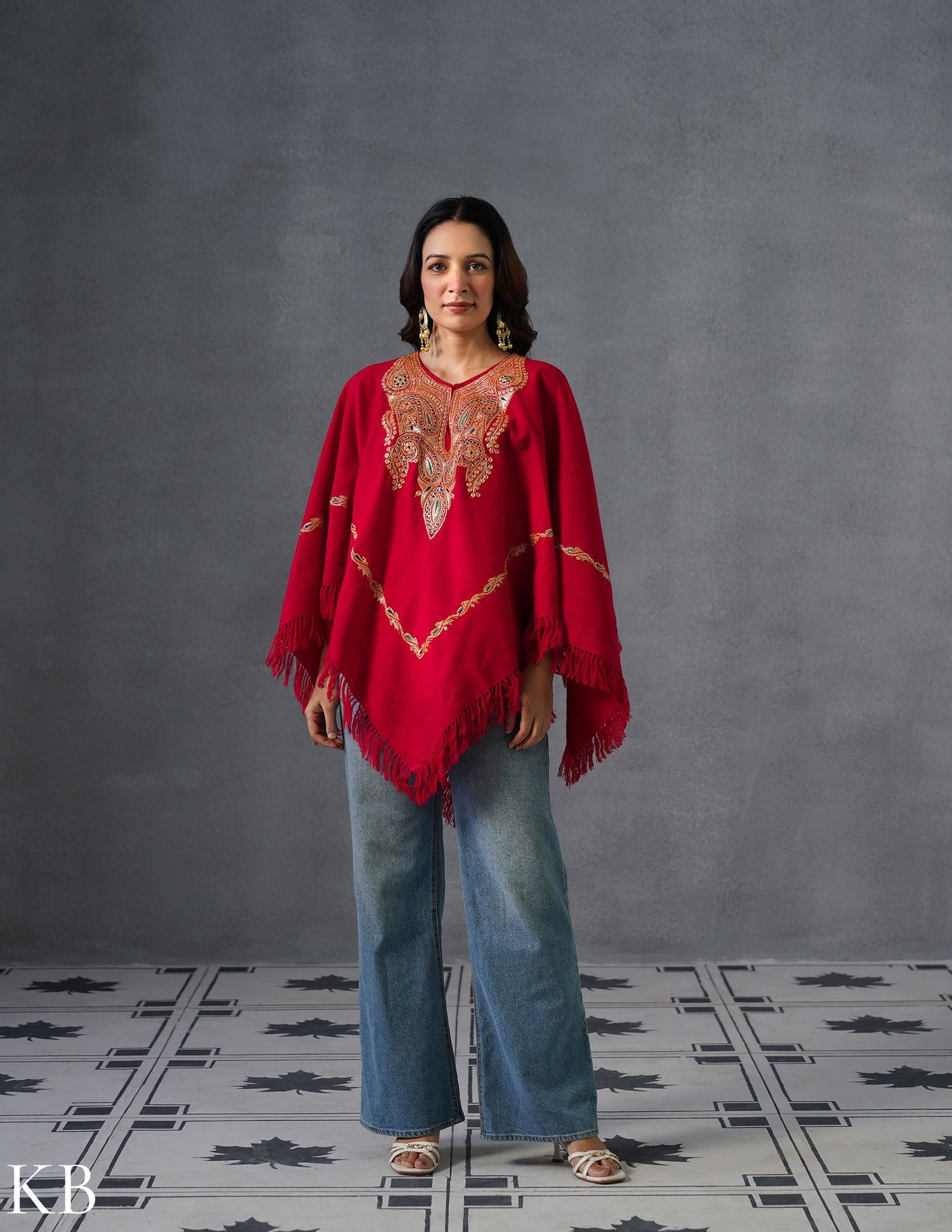 Kashmiri Golden Boti Tilla Embroidered Woollen Poncho – Red | Handcrafted Heritage