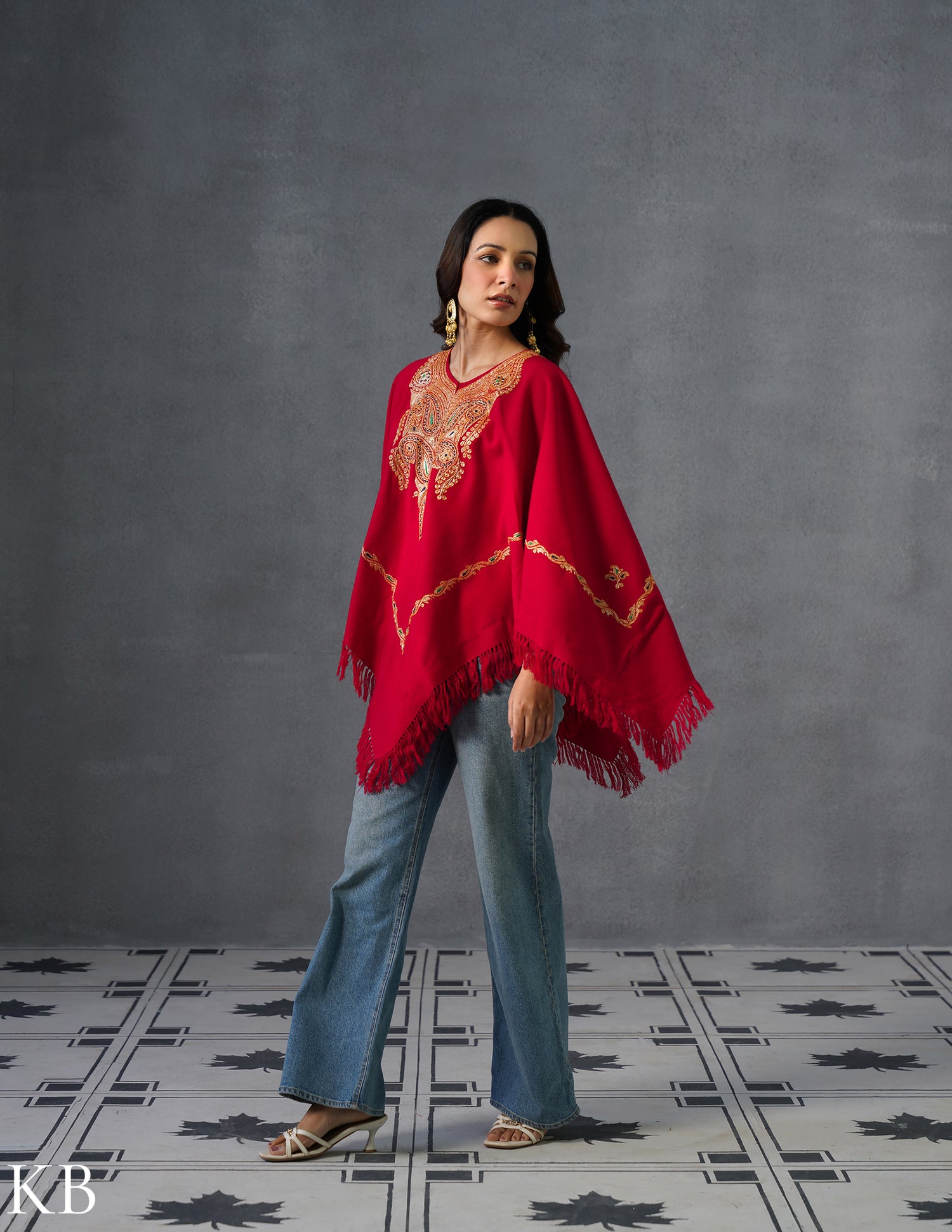 Kashmiri Golden Boti Tilla Embroidered Woollen Poncho – Red | Handcrafted Heritage