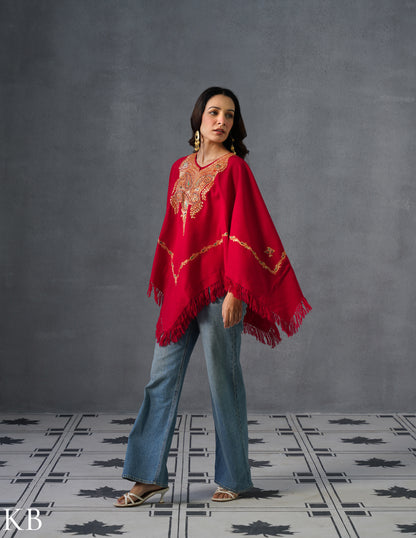 Kashmiri Golden Boti Tilla Embroidered Woollen Poncho – Red | Handcrafted Heritage