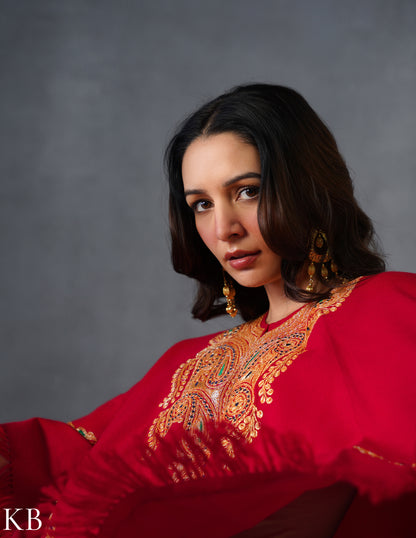 Kashmiri Golden Boti Tilla Embroidered Woollen Poncho – Red | Handcrafted Heritage