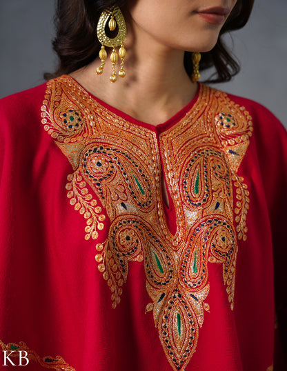 Kashmiri Golden Boti Tilla Embroidered Woollen Poncho – Red | Handcrafted Heritage