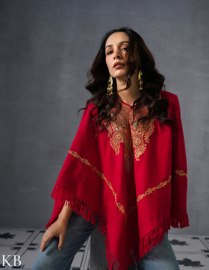 Kashmiri Golden Boti Tilla Embroidered Woollen Poncho – Red | Handcrafted Heritage