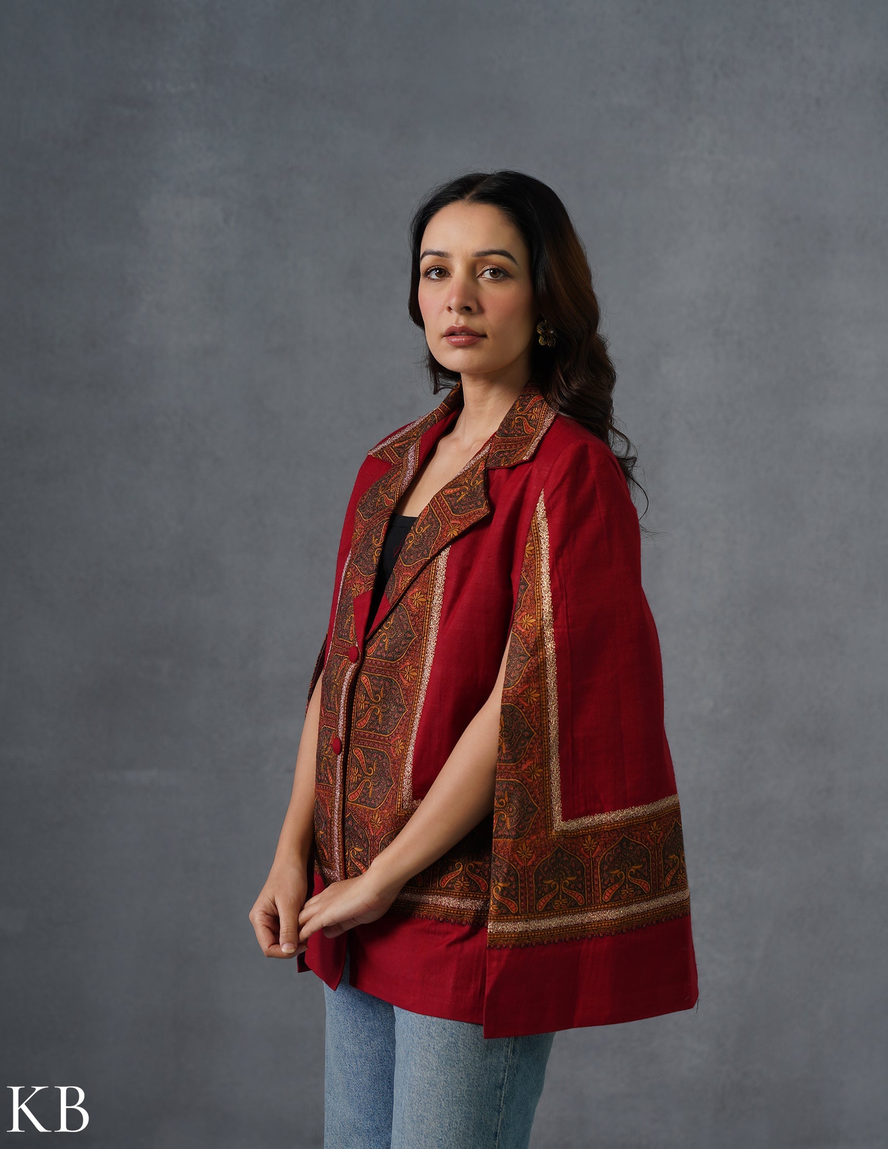 Nayaab Kashmiri Sozni Embroidered Woollen Jacket – Maroon - Kashmir Box