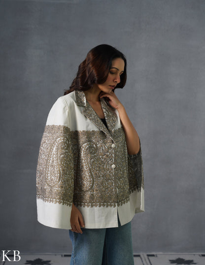 Nayaab Kashmiri Sozni Embroidered Woollen Jacket – White - Kashmir Box
