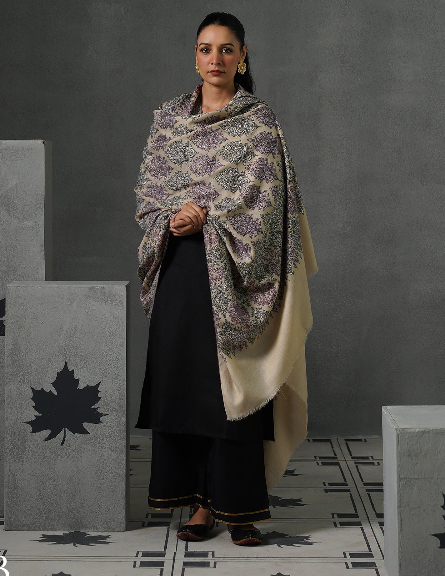 Kashmiri Handwoven Pashmina Bootidar Sozni Shawl – Cream &amp; Lavender | Handwoven Heritage - Kashmir Box