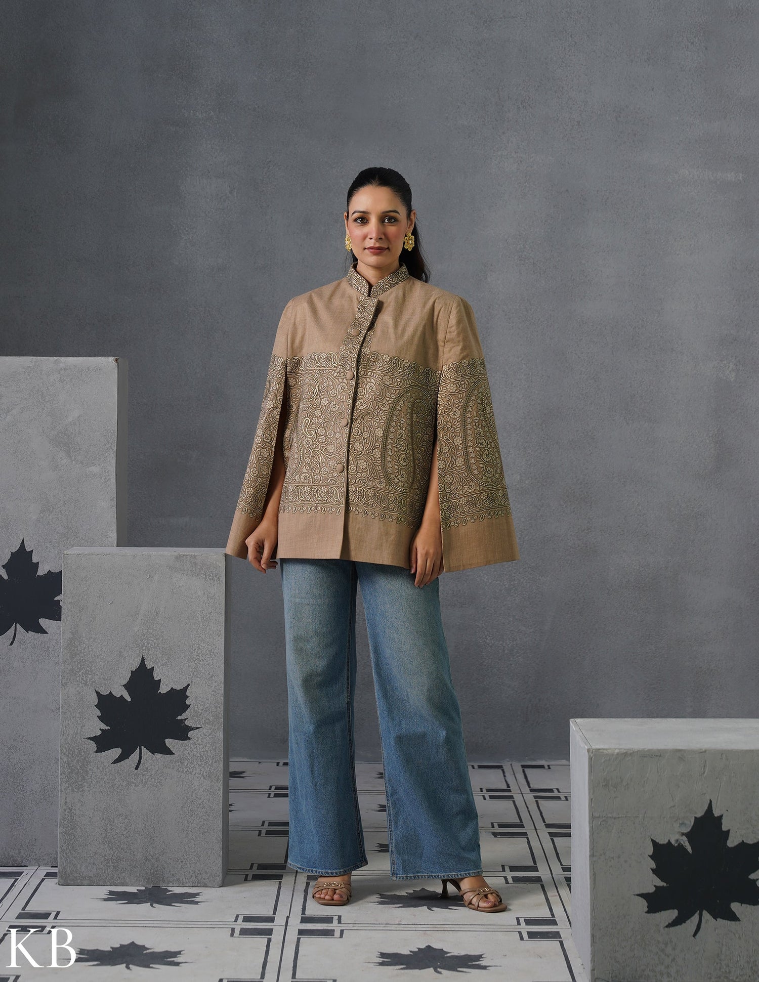 Nayaab Kashmiri Sozni Embroidered Woollen Jacket – Fawn - Kashmir Box