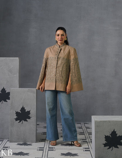 Nayaab Kashmiri Sozni Embroidered Woollen Jacket – Fawn - Kashmir Box