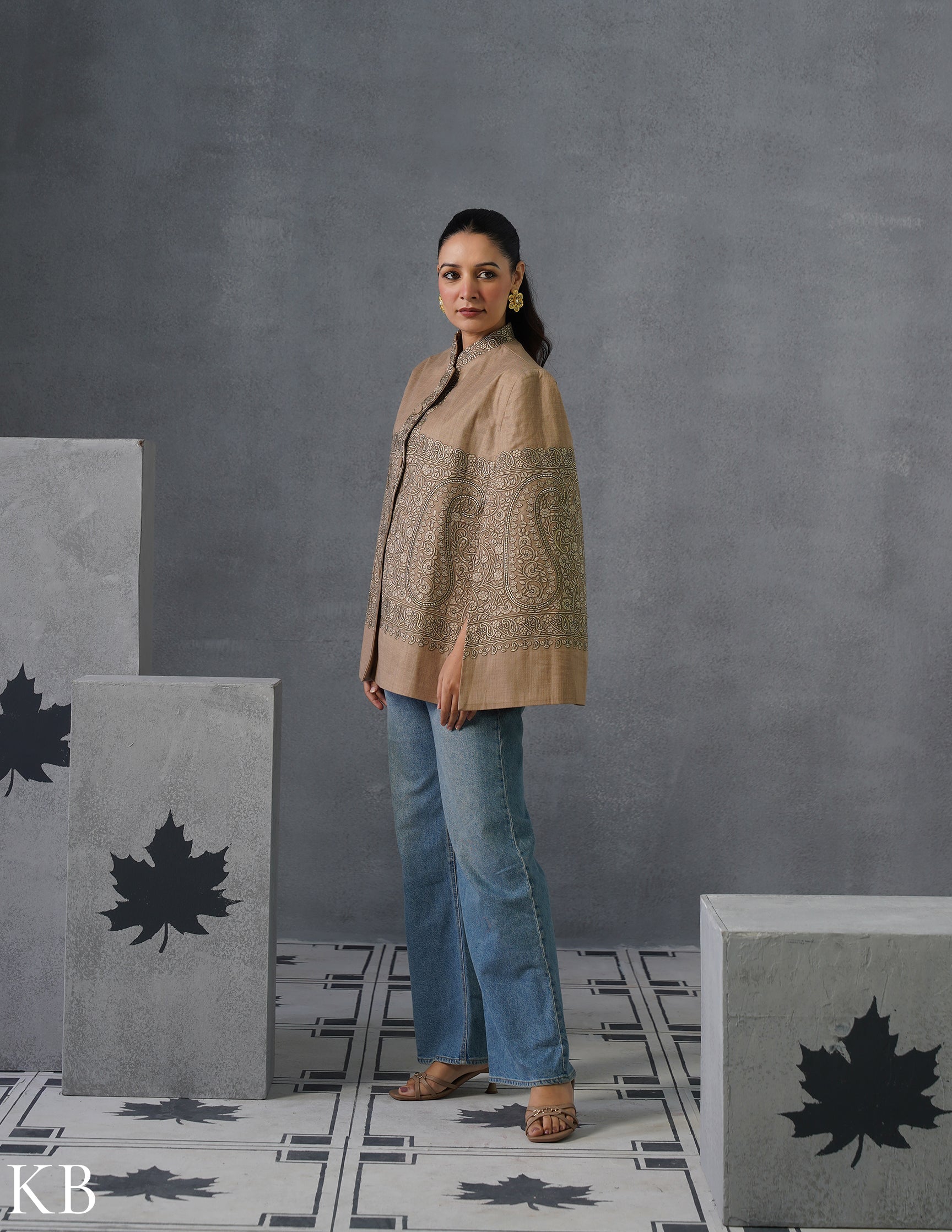 Nayaab Kashmiri Sozni Embroidered Woollen Jacket – Fawn - Kashmir Box