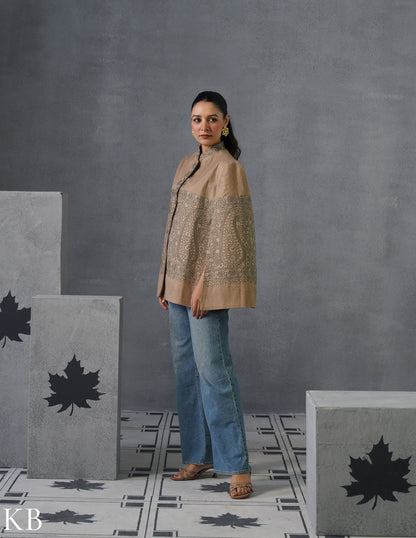 Nayaab Kashmiri Sozni Embroidered Woollen Jacket – Fawn - Kashmir Box