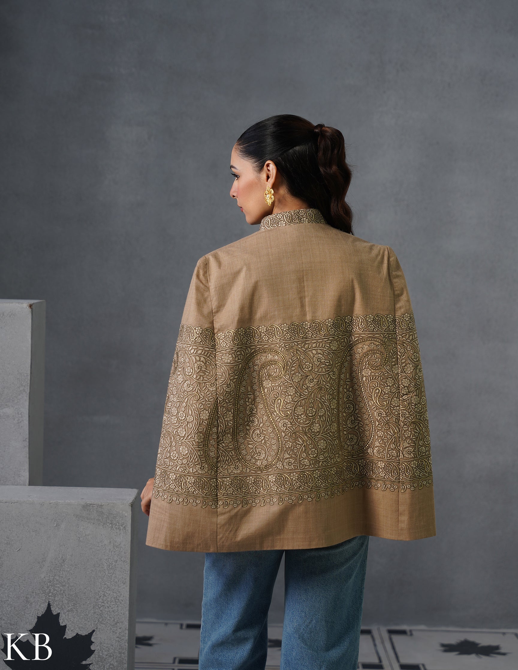 Nayaab Kashmiri Sozni Embroidered Woollen Jacket – Fawn - Kashmir Box