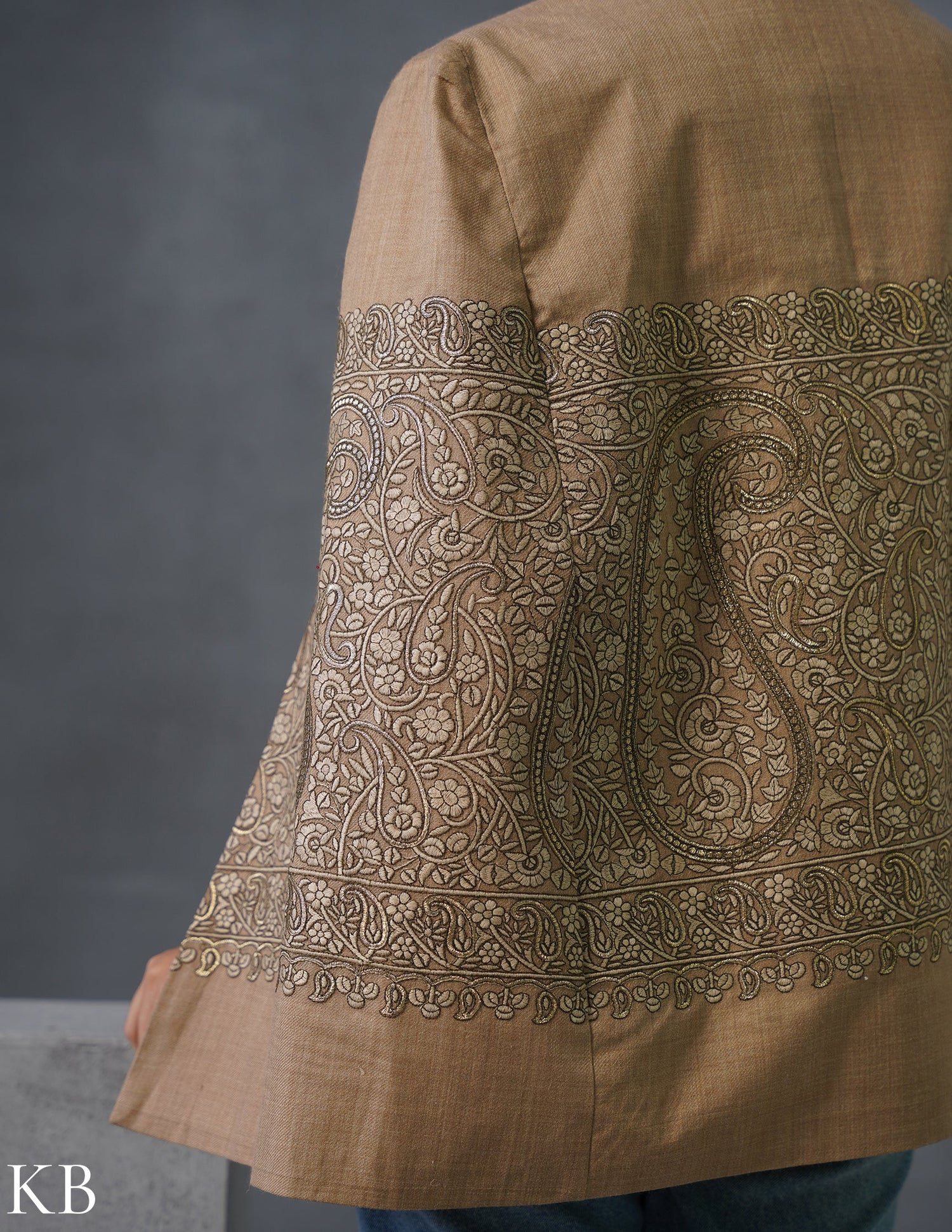 Nayaab Kashmiri Sozni Embroidered Woollen Jacket – Fawn - Kashmir Box