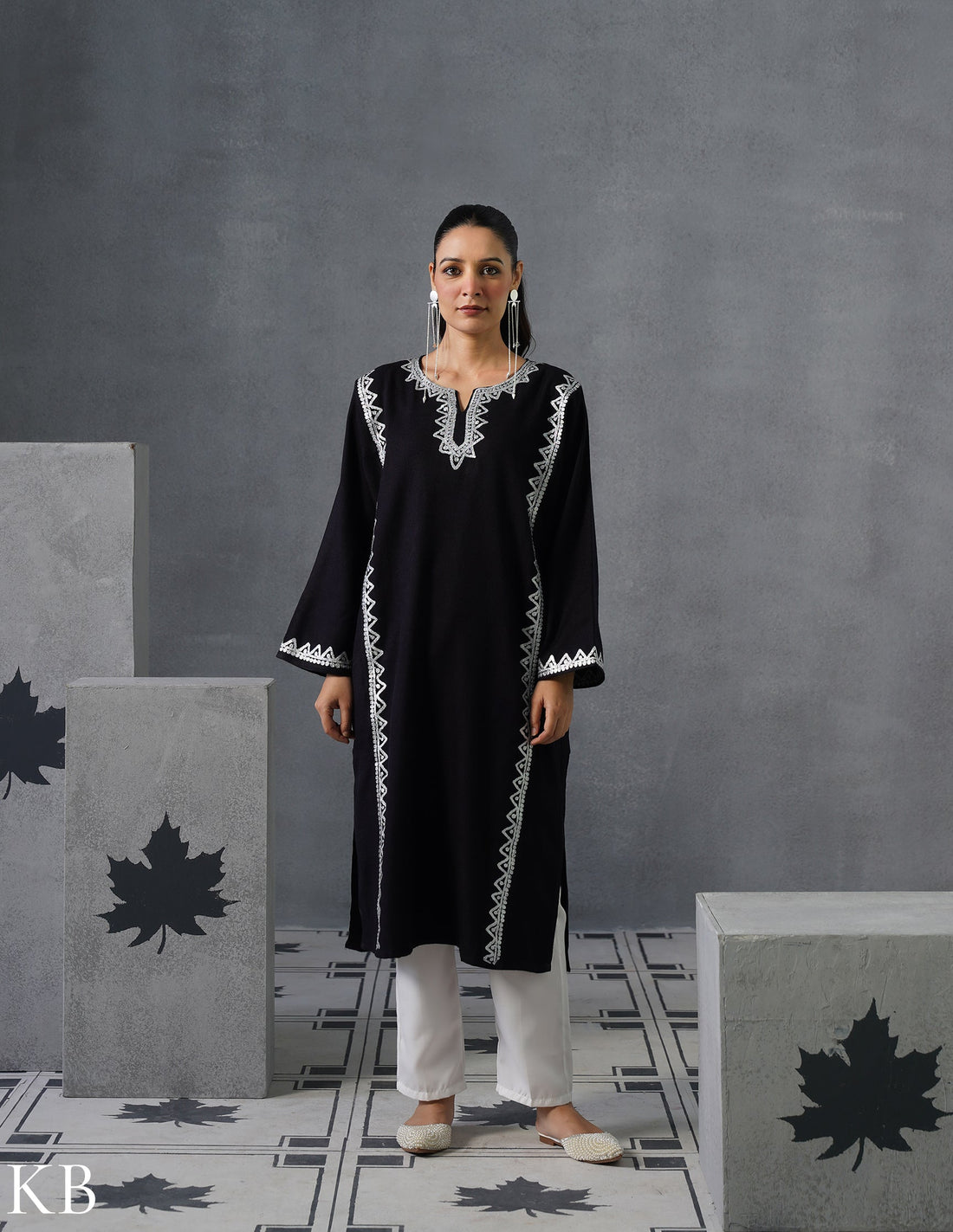Kashmiri Silver Zari Embroidered Woollen Phiran – Black | Timeless Winter Wear - Kashmir Box