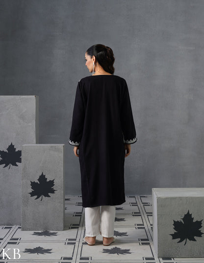 Kashmiri Silver Zari Embroidered Woollen Phiran – Black | Timeless Winter Wear - Kashmir Box