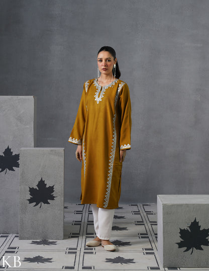 Kashmiri Silver Zari Embroidered Woollen Phiran – Mustard | Timeless Winter Wear
