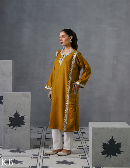 Kashmiri Silver Zari Embroidered Woollen Phiran – Mustard | Timeless Winter Wear