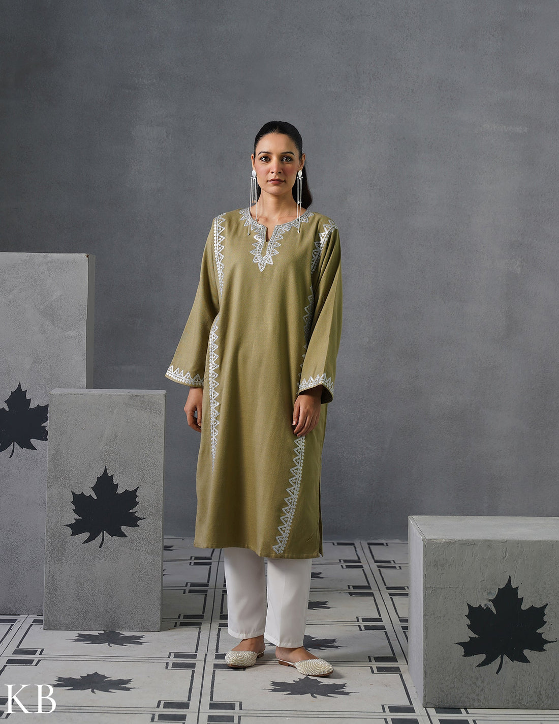 Kashmiri Silver Zari Embroidered Woollen Phiran – Fawn | Timeless Winter Wear - Kashmir Box