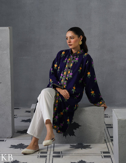 Nayaab Kashmiri Aari Embroidered Long Winter Jacket – Blue | Festive Wear - Kashmir Box