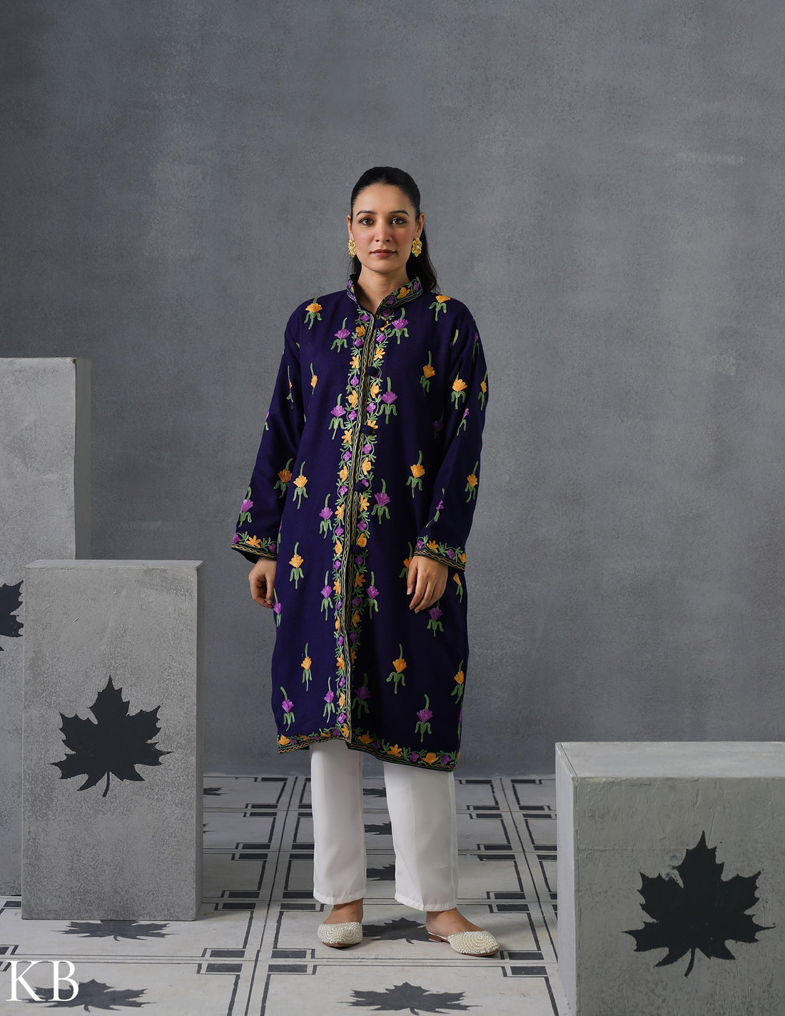 Nayaab Kashmiri Aari Embroidered Long Winter Jacket – Blue | Festive Wear - Kashmir Box