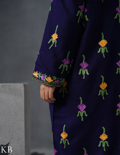 Nayaab Kashmiri Aari Embroidered Long Winter Jacket – Blue | Festive Wear - Kashmir Box