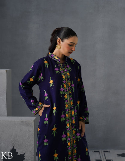 Nayaab Kashmiri Aari Embroidered Long Winter Jacket – Blue | Festive Wear - Kashmir Box