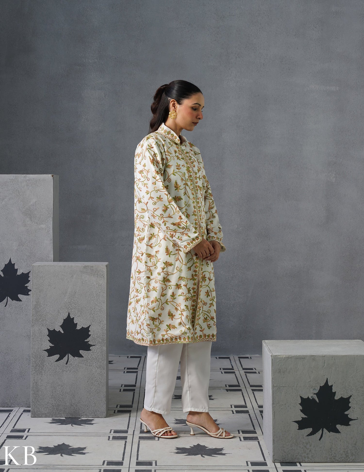 Nayaab Kashmiri Aari Embroidered Long Winter Jacket – White | Festive Wear - Kashmir Box