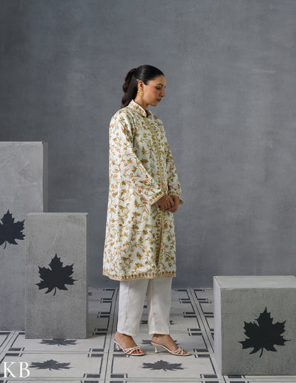 Nayaab Kashmiri Aari Embroidered Long Winter Jacket – White | Festive Wear - Kashmir Box