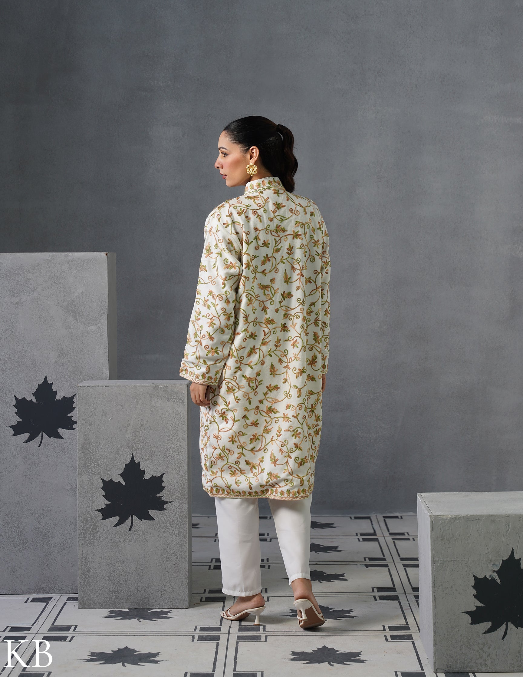 Nayaab Kashmiri Aari Embroidered Long Winter Jacket – White | Festive Wear - Kashmir Box