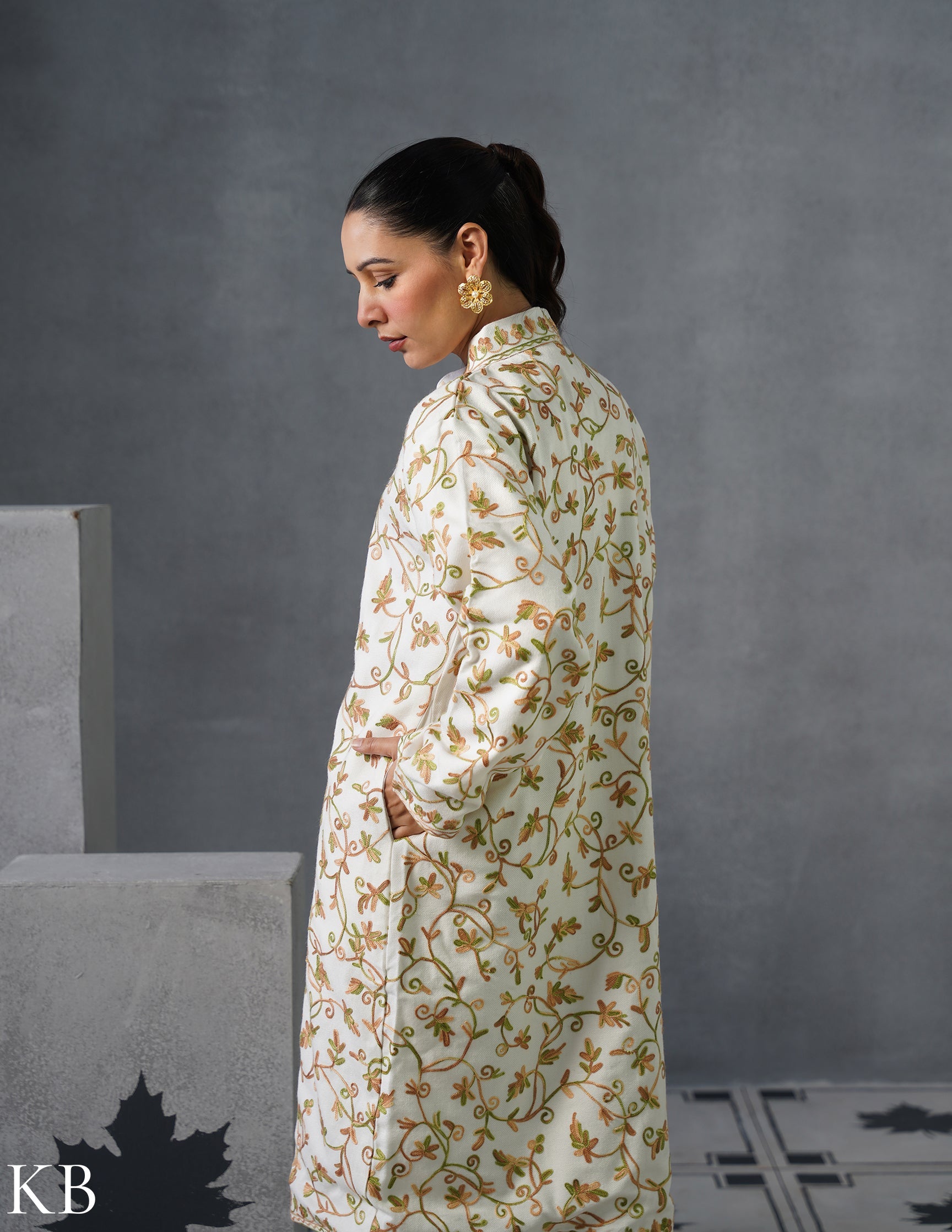 Nayaab Kashmiri Aari Embroidered Long Winter Jacket – White | Festive Wear - Kashmir Box