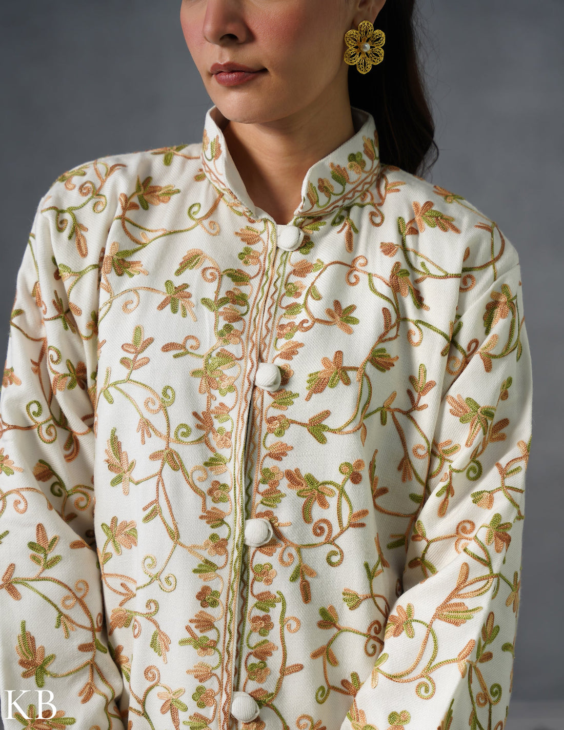 Nayaab Kashmiri Aari Embroidered Long Winter Jacket – White | Festive Wear - Kashmir Box