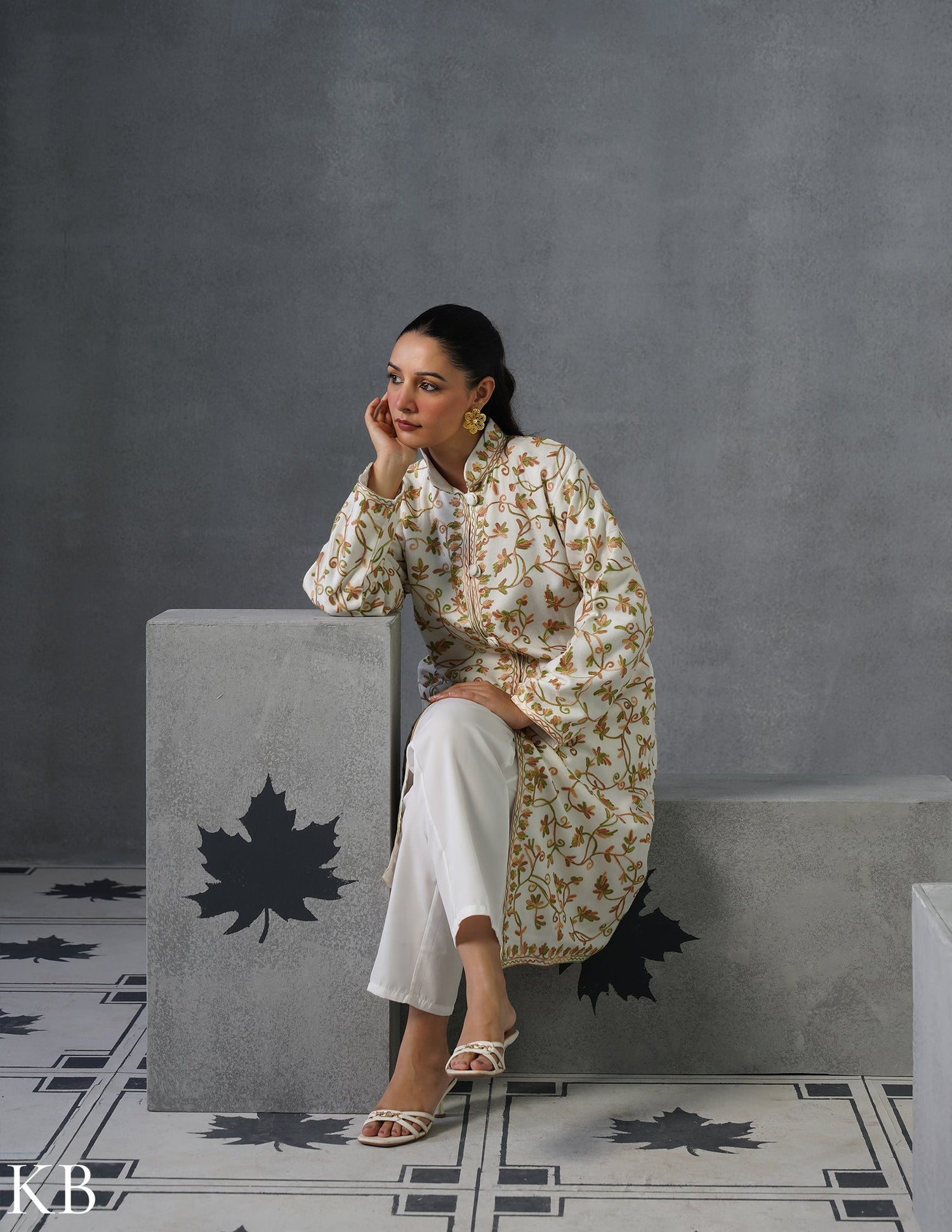 Nayaab Kashmiri Aari Embroidered Long Winter Jacket – White | Festive Wear - Kashmir Box