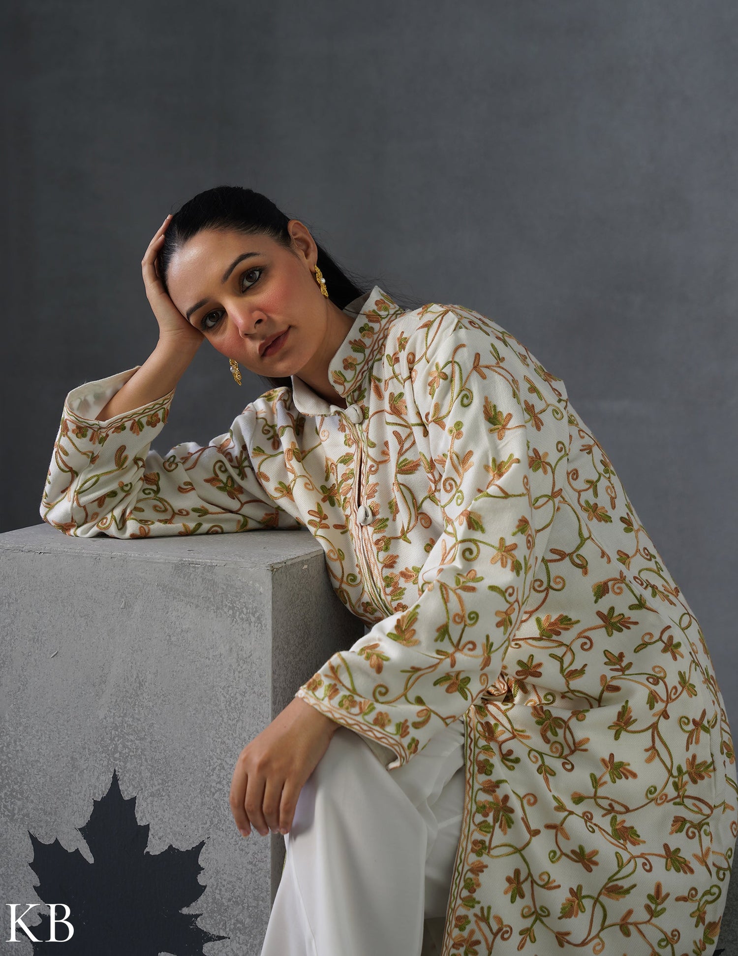 Nayaab Kashmiri Aari Embroidered Long Winter Jacket – White | Festive Wear - Kashmir Box