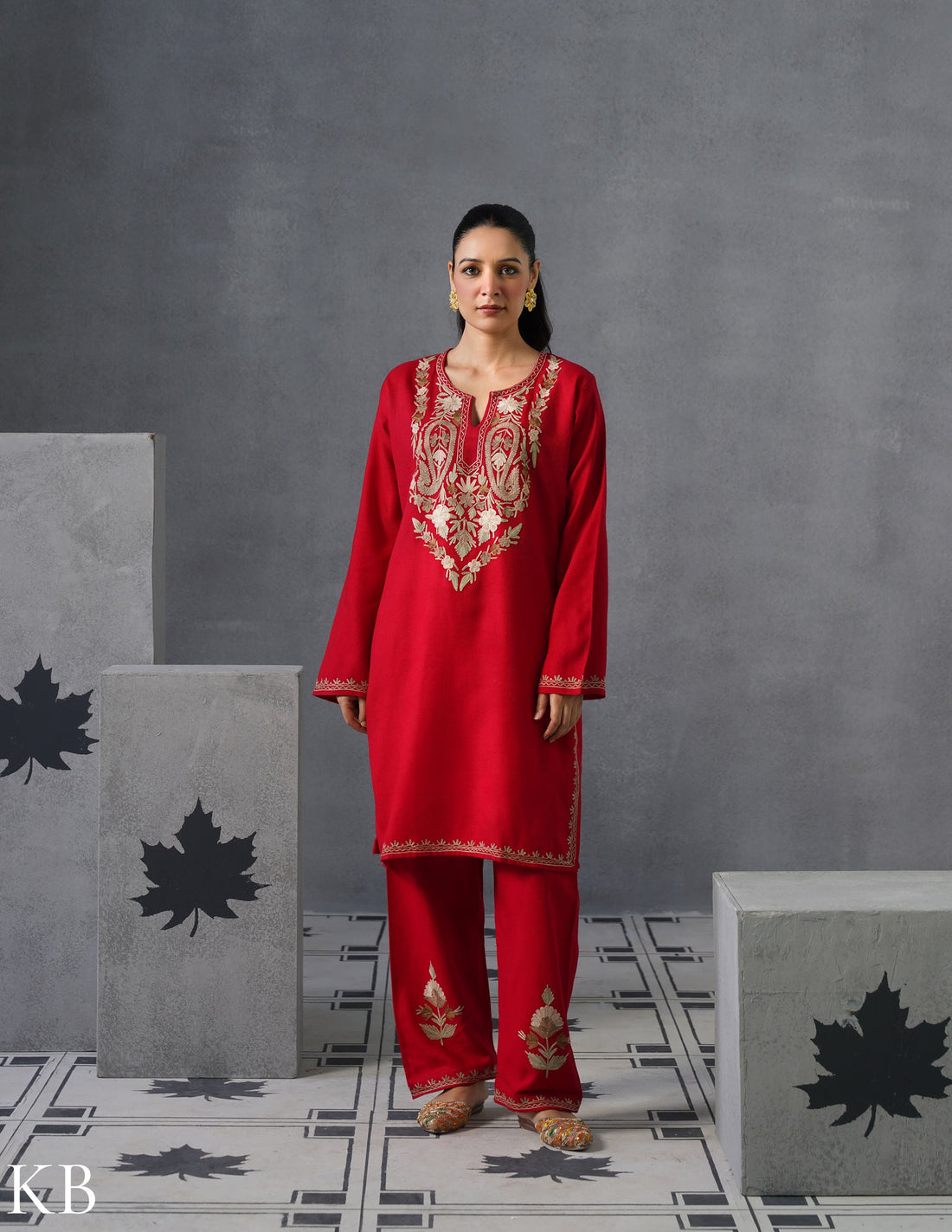 Kashmiri Multi-Toned Brown Aari Embroidered Woollen Coordset – Red | Classic Winter Wear - Kashmir Box