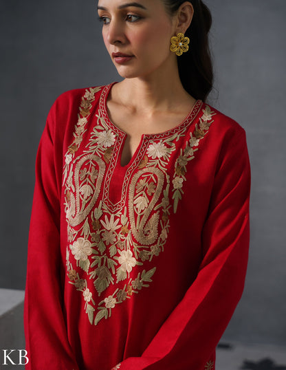 Kashmiri Multi-Toned Brown Aari Embroidered Woollen Coordset – Red | Classic Winter Wear - Kashmir Box