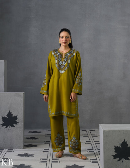 Kashmiri Grey &amp; Brown Aari Embroidered Woollen Coordset – Moong Green | Timeless Style - Kashmir Box