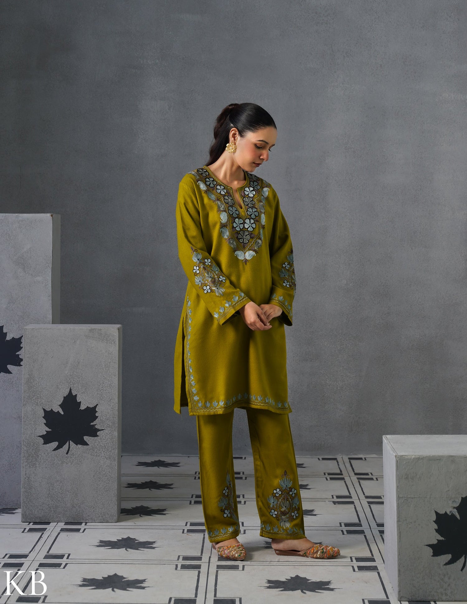 Kashmiri Grey &amp; Brown Aari Embroidered Woollen Coordset – Moong Green | Timeless Style - Kashmir Box