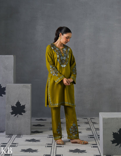Kashmiri Grey &amp; Brown Aari Embroidered Woollen Coordset – Moong Green | Timeless Style - Kashmir Box