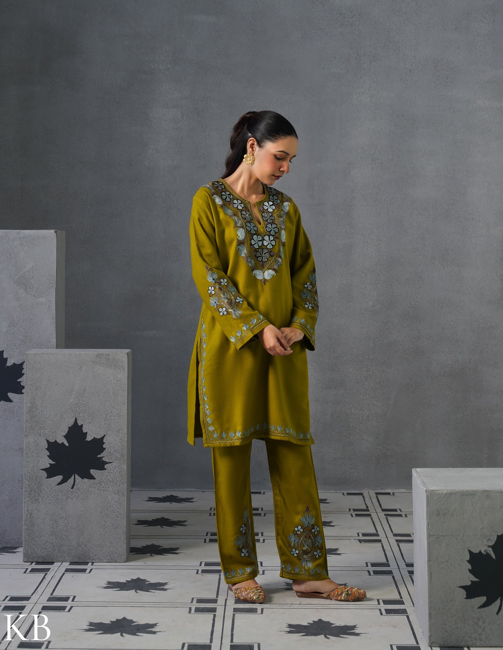 Kashmiri Grey &amp; Brown Aari Embroidered Woollen Coordset – Moong Green | Timeless Style - Kashmir Box