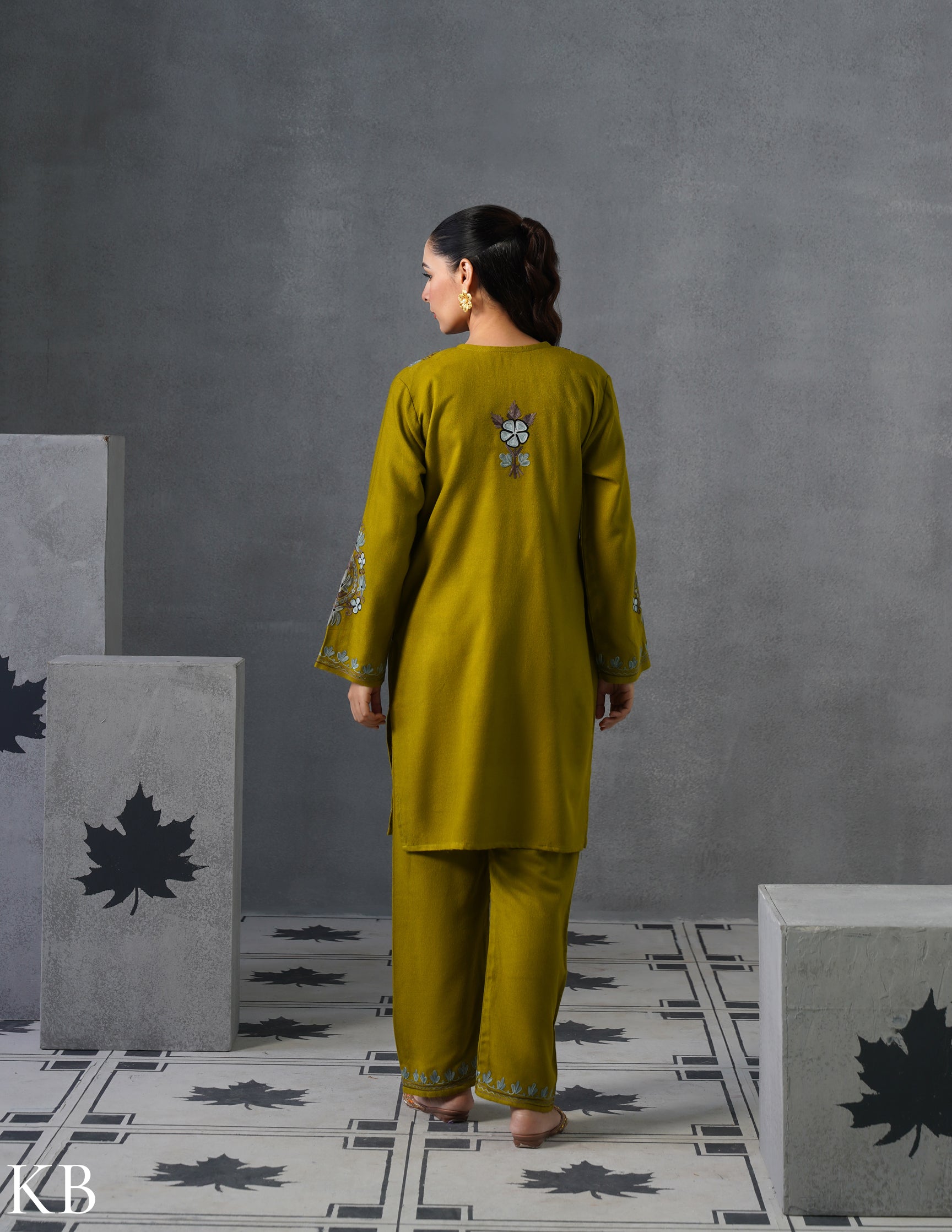 Kashmiri Grey &amp; Brown Aari Embroidered Woollen Coordset – Moong Green | Timeless Style - Kashmir Box