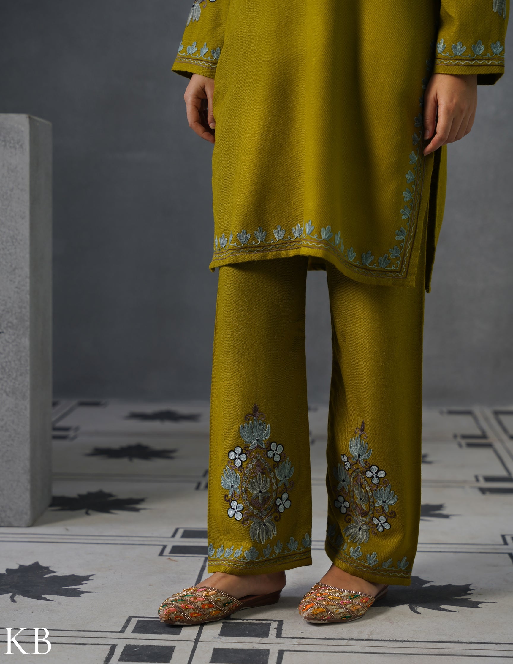 Kashmiri Grey &amp; Brown Aari Embroidered Woollen Coordset – Moong Green | Timeless Style - Kashmir Box