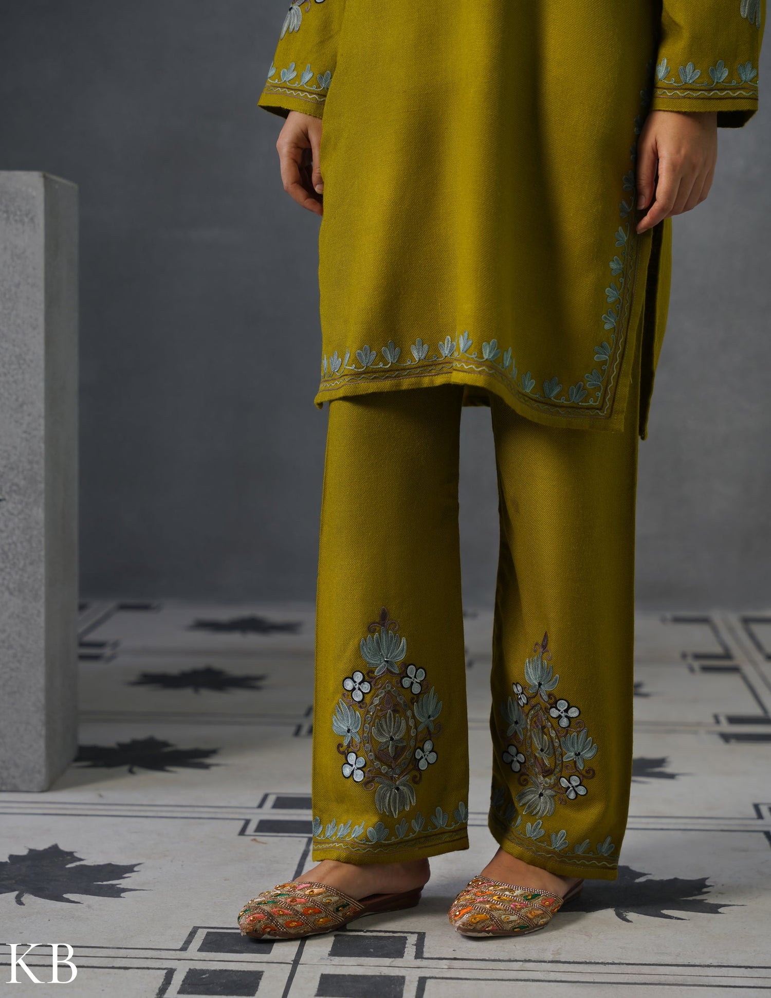 Kashmiri Grey &amp; Brown Aari Embroidered Woollen Coordset – Moong Green | Timeless Style - Kashmir Box
