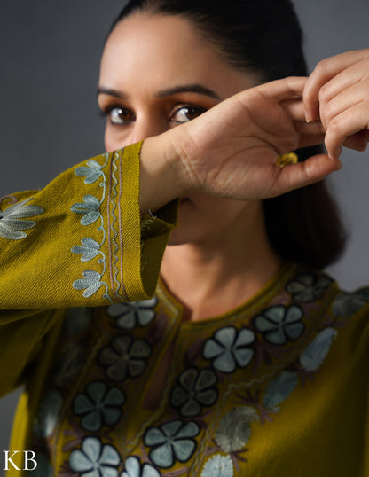 Kashmiri Grey &amp; Brown Aari Embroidered Woollen Coordset – Moong Green | Timeless Style - Kashmir Box