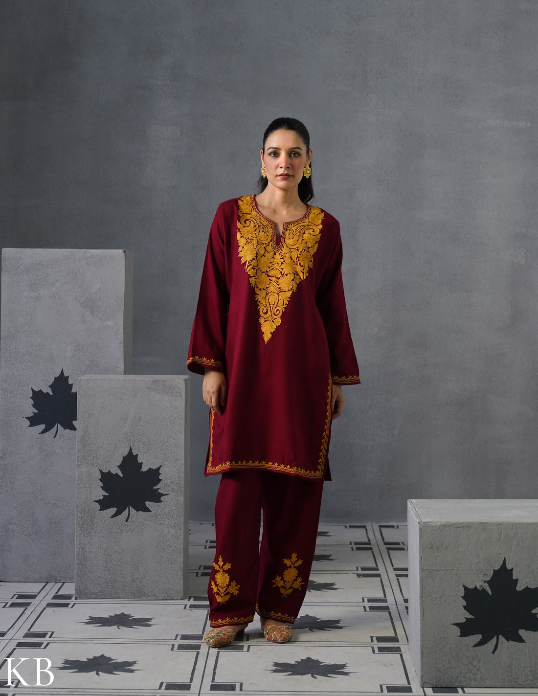 Kashmiri Mustard Aari Embroidered Woollen Coordset – Maroon | Refined Winter Wear - Kashmir Box